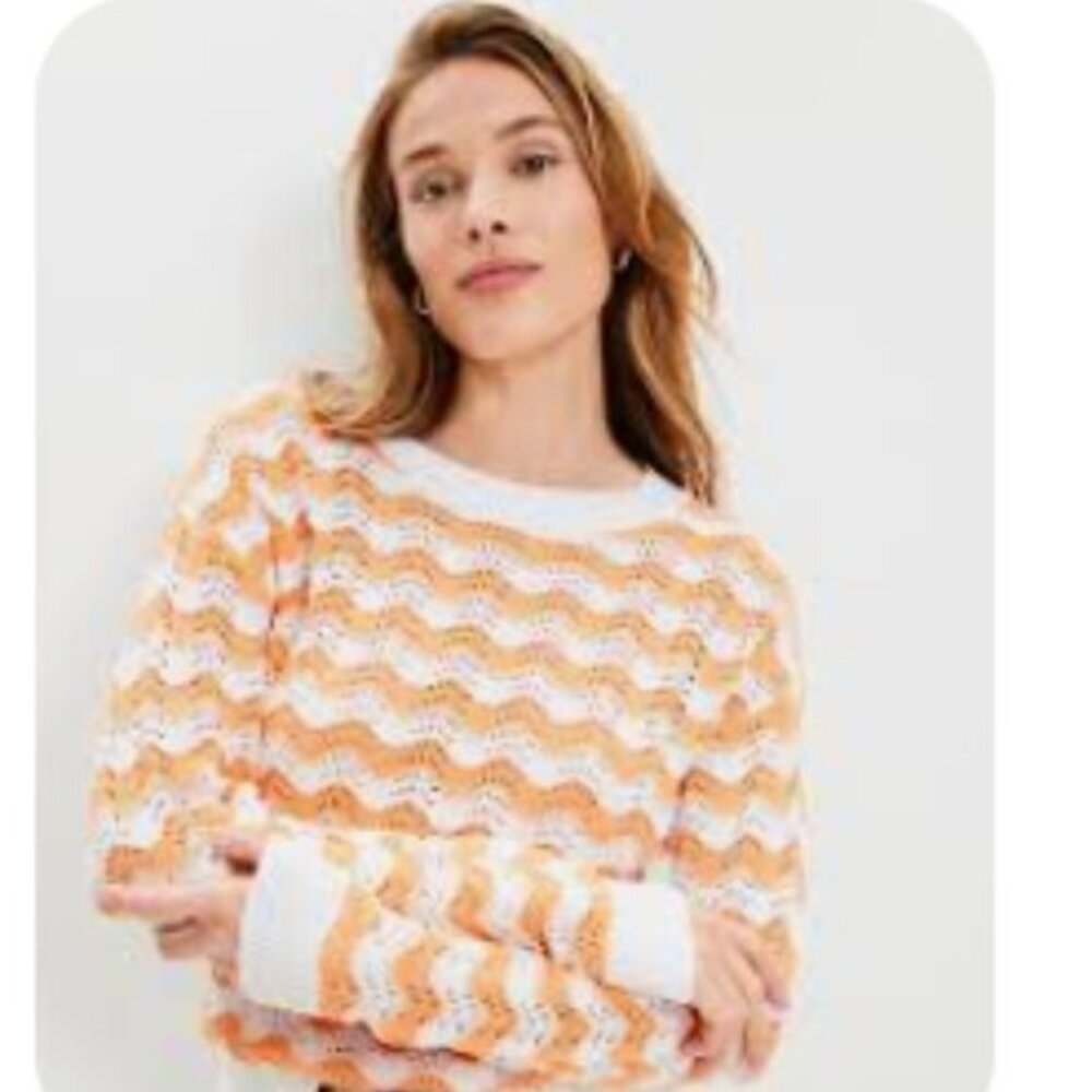 LOFT Orange and White Crew Neck Sweater Pointelle Size M NWT